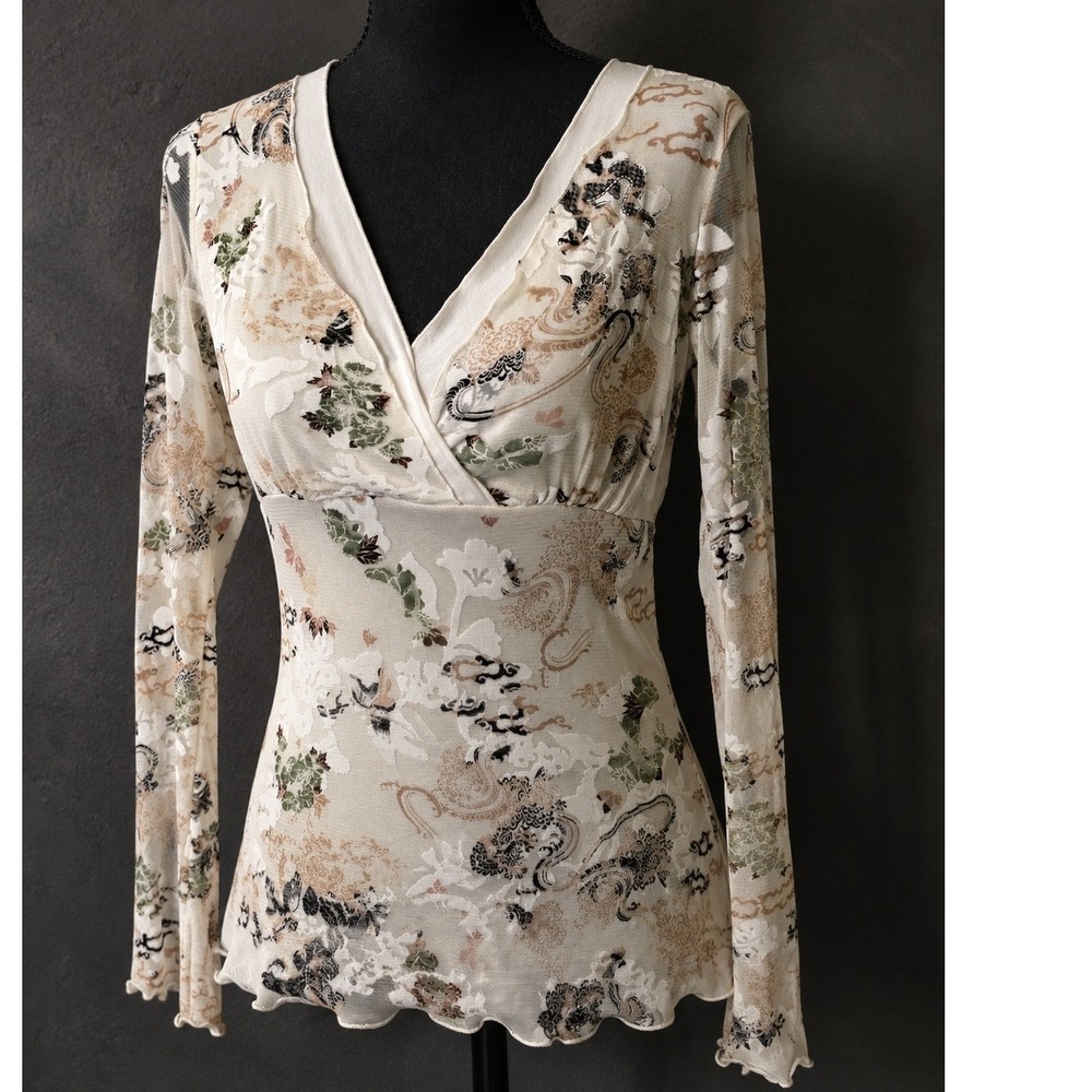 Y2K Babydoll Sheer Mesh Floral Top Women Medium Fairy Grunge Coquette Whimsigoth